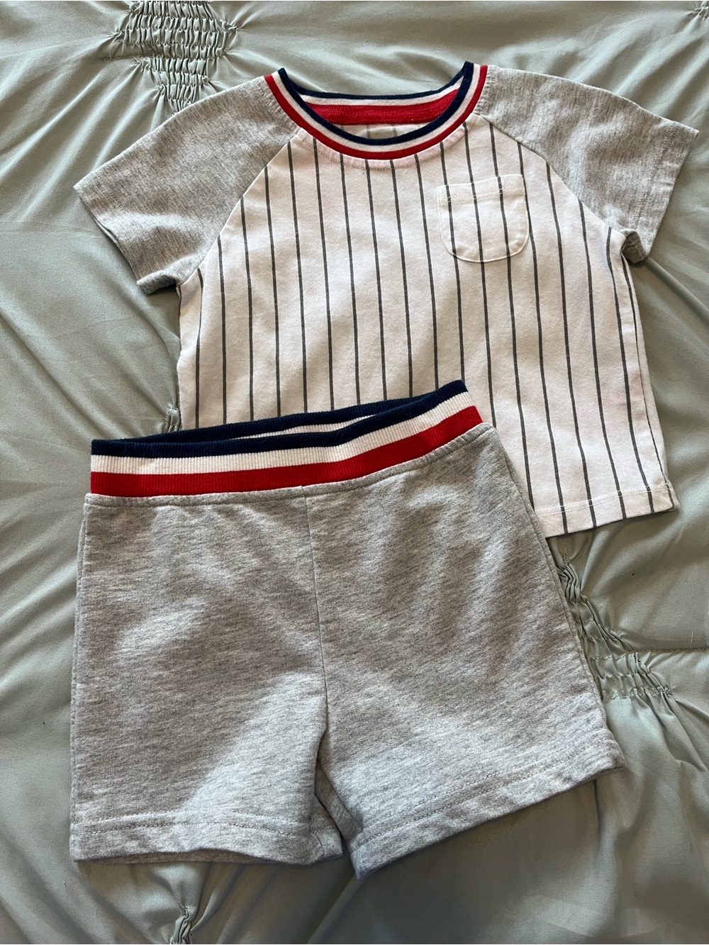 First Impressions Gray & White Pinstripe Top with Gray Shorts - Red & Navy Trim